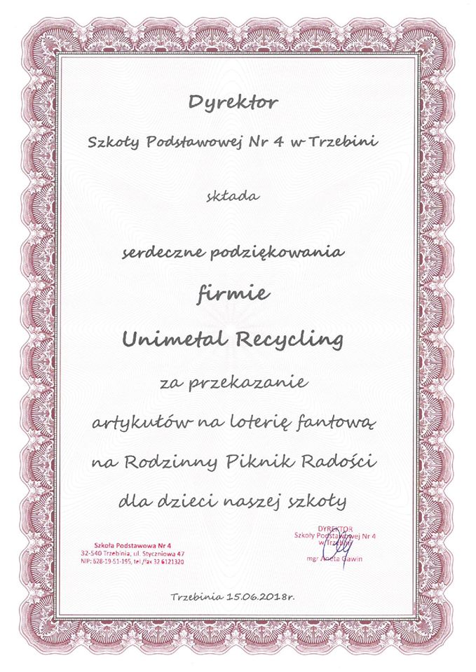 podziękowania dla Unimetal Recycling